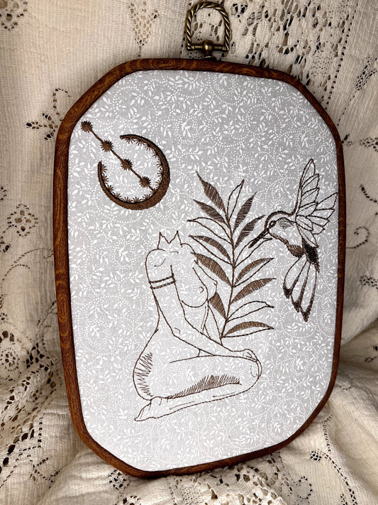 Fern, the Hummingbird and the Moon, 10.5" Embroidered hoop