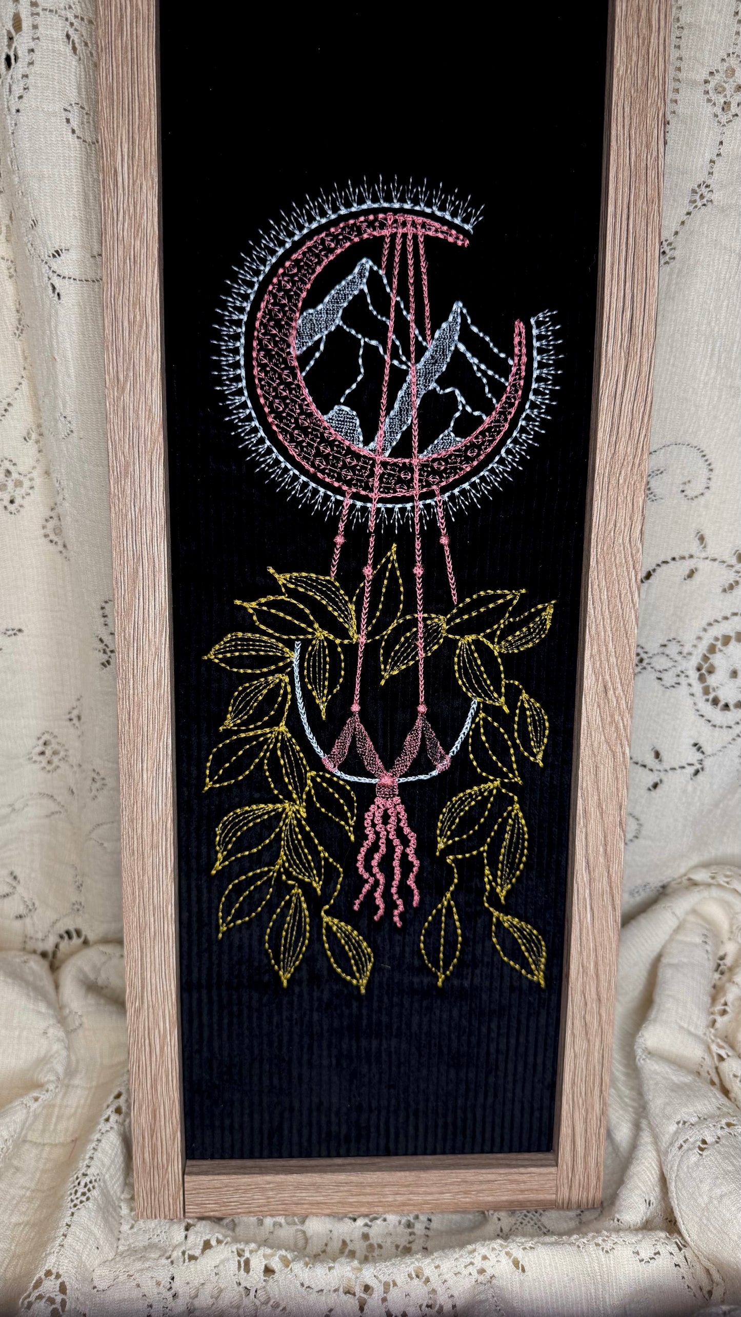 Growth by the Moonlight. Large 19” framed embroidery piece