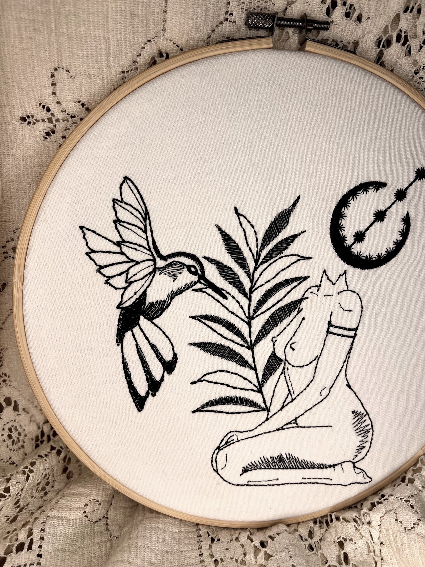 Fern, the Hummingbird and the Moon, 9" Embroidered hoop