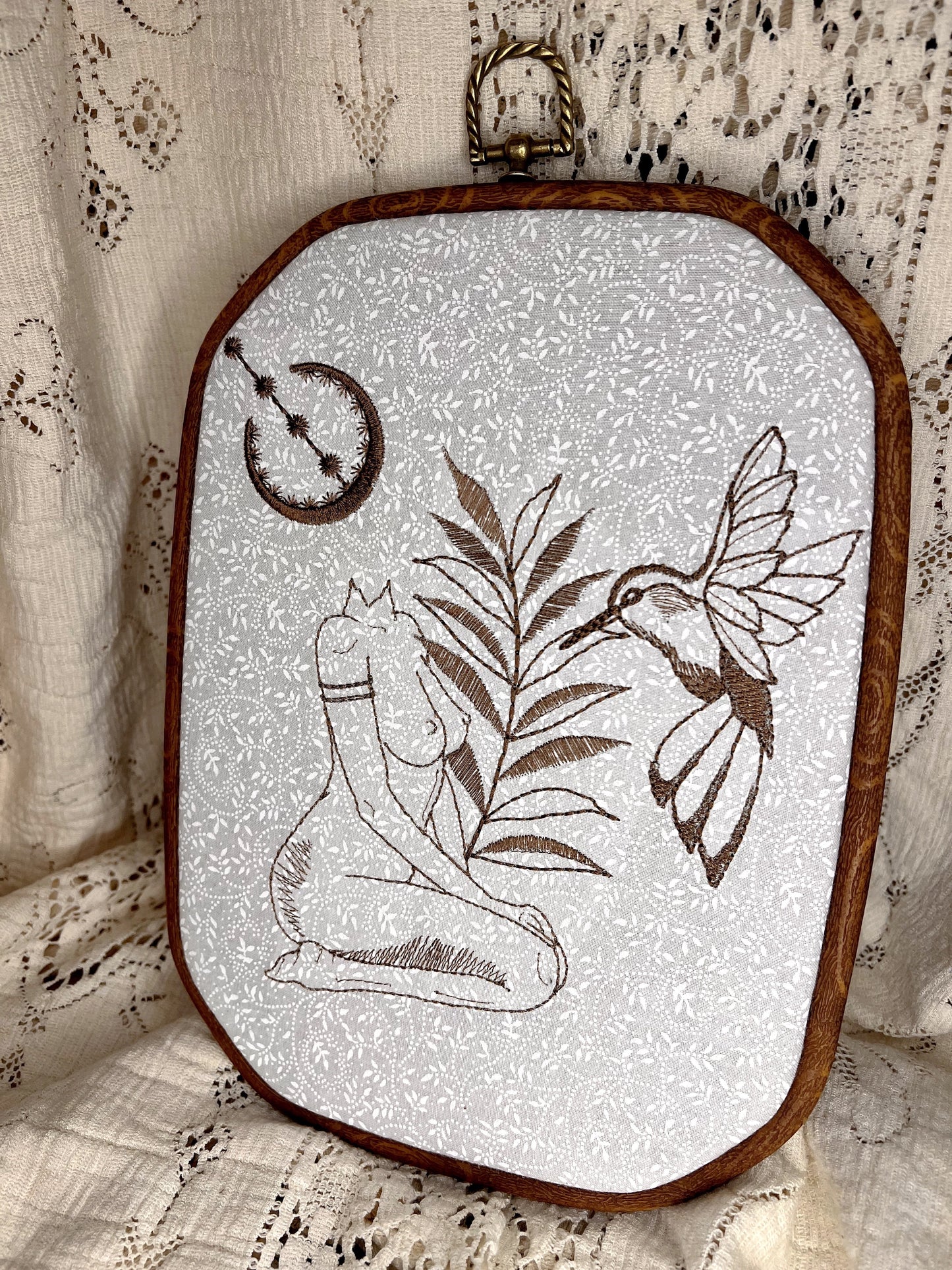 Fern, the Hummingbird and the Moon, 10.5" Embroidered hoop