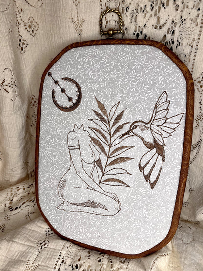 Fern, the Hummingbird and the Moon, 10.5" Embroidered hoop