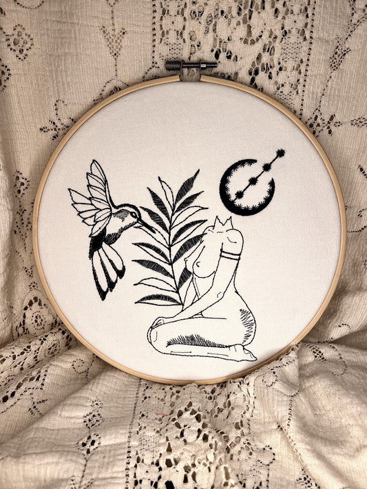Fern, the Hummingbird and the Moon, 9" Embroidered hoop