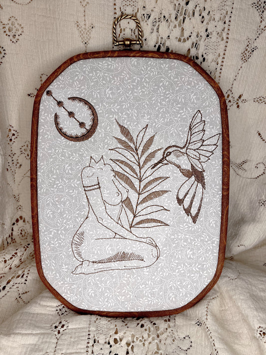 Fern, the Hummingbird and the Moon, 10.5" Embroidered hoop