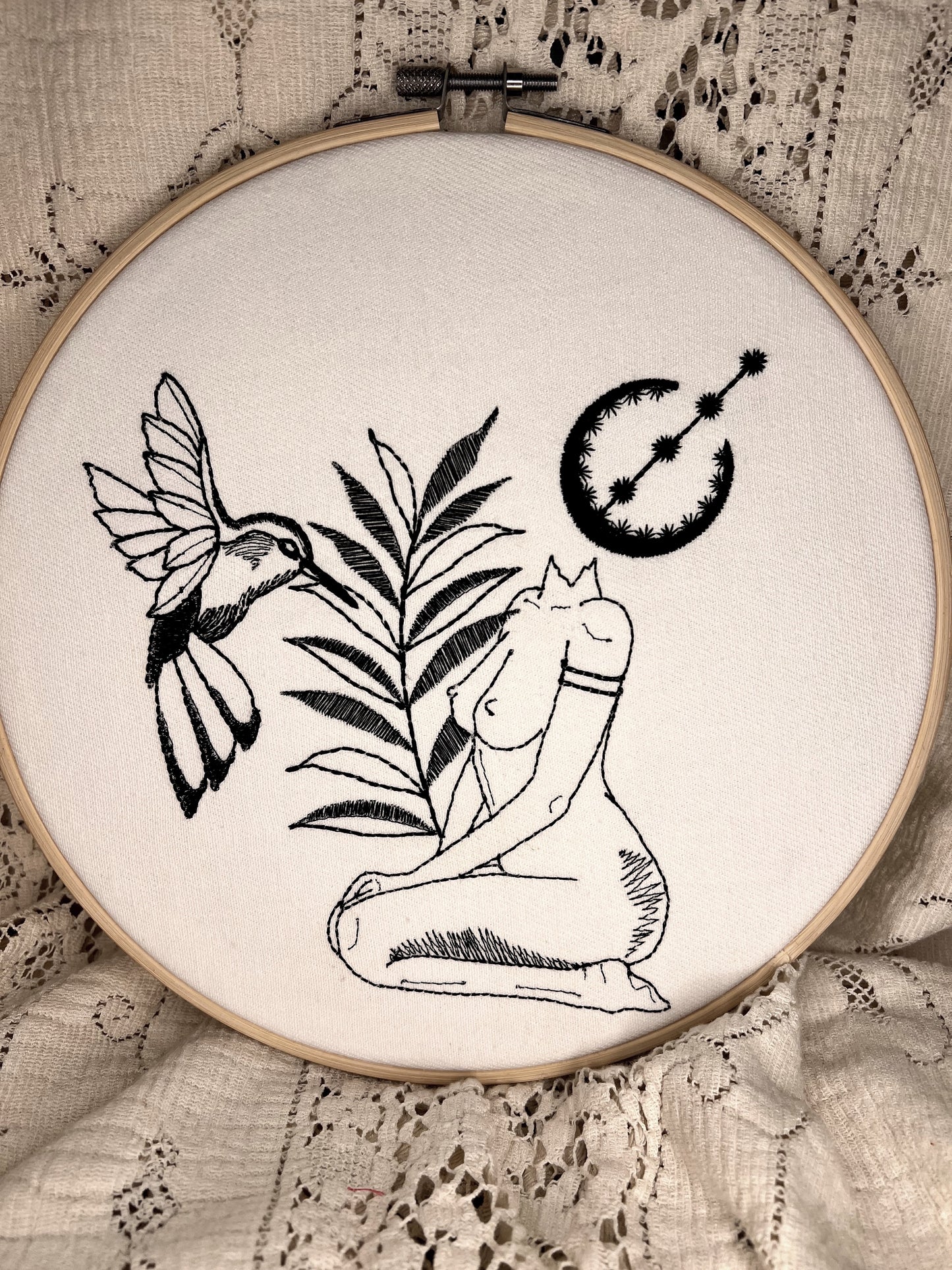 Fern, the Hummingbird and the Moon, 9" Embroidered hoop