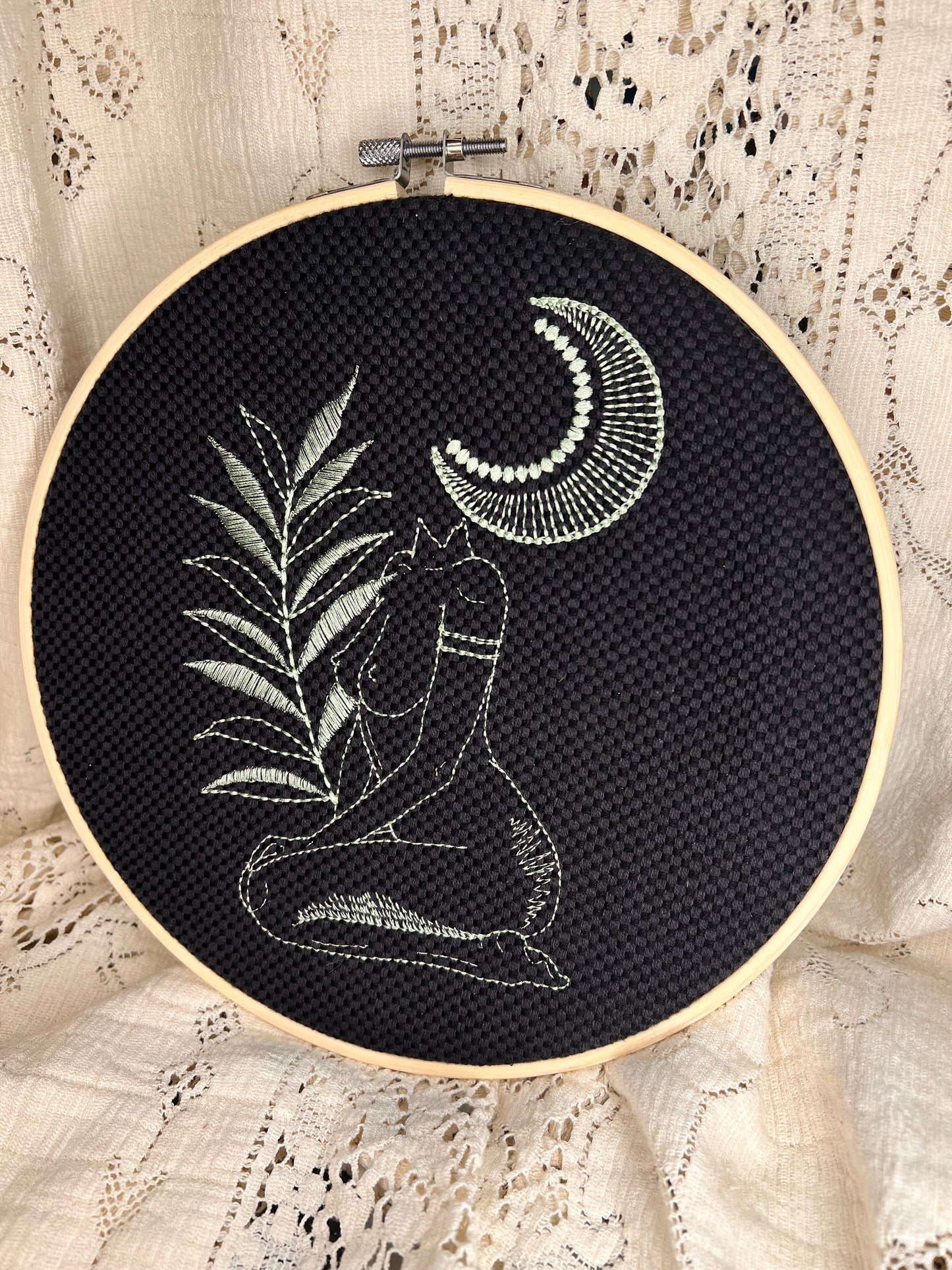 Fern and the Moon, 9" Embroidered hoop